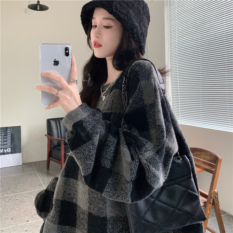 Áo sweater nữ tay dài dáng rộng kẻ sọc caro phong cách Hàn Quốc mới
 | BigBuy360 - bigbuy360.vn