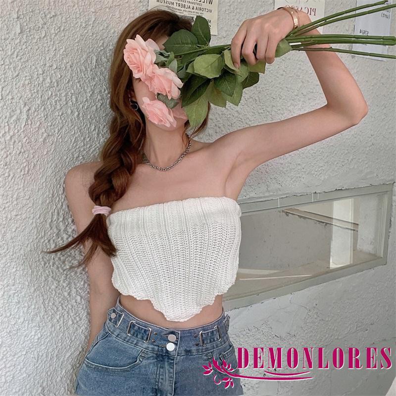 Áo croptop dệt kim không tay buộc dây sau lưng màu trơn gợi cảm cho nữ
