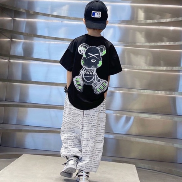 Áo thun BXPB tay ngắn dáng rộng in hoạt hình gấu dễ thương thời trang mùa hè cho bé trai