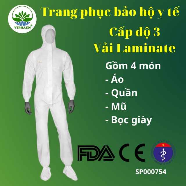 [Chuẩn Bộ y tế, FDA, CE] Trang phục bảo hộ y tế cấp độ 3 vải Laminate (4 món), Bộ đồ phòng dịch, phò