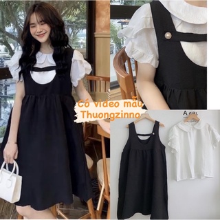 Set yếm babydoll đính ngọc kèm áo sơ mi lụa Hàn Đầm babydoll Quảng Châu