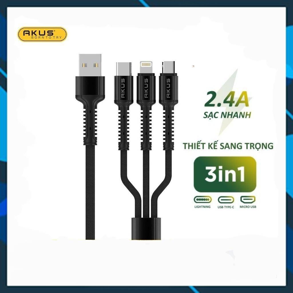 Cáp sạc đa năng 3 trong 1 sạc nhanh chính hãng AKUS 4 đầu All in one Lightning - MicroUSB - Type-C dài 120cm 2.4A