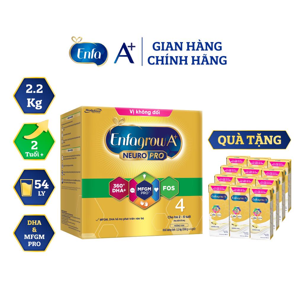 [Tặng 4 lốc sữa nước] Sữa bột Enfagrow A+ Neuropro 4 - DHA & MFGM vị không đổi – 2.2kg