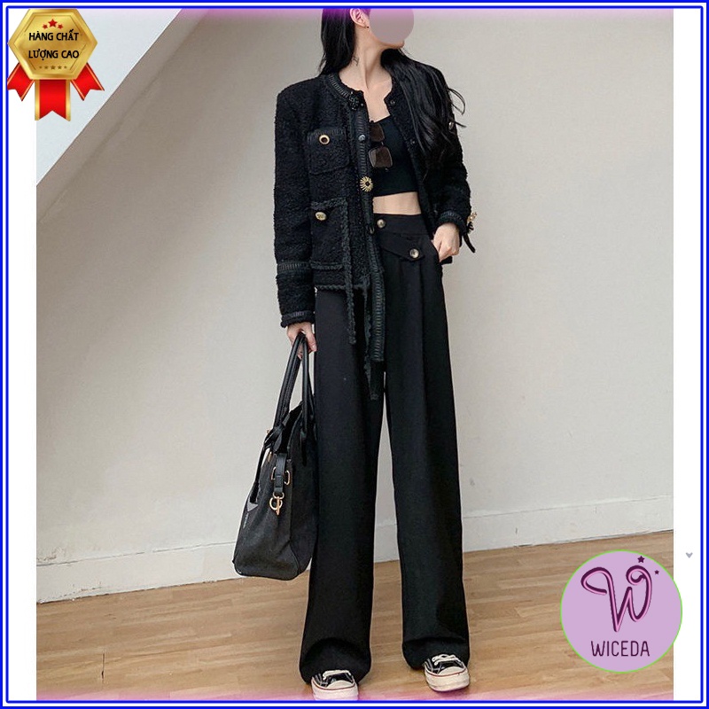 Quần ống suông nữ cạp cao ống rộng Wiceda , quần dài 2 màu đen kem cạp phối phong cách trẻ trung năng động mặc đi chơi .