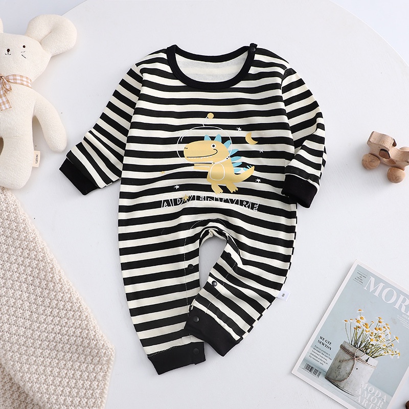 Bộ Đồ Ngủ Liền Thân Bằng Cotton Tay Dài Kẻ Sọc In Họa Tiết Hoạt Hình Cho Bé Trai Bé Gái 0-24 Tháng Tuổi
