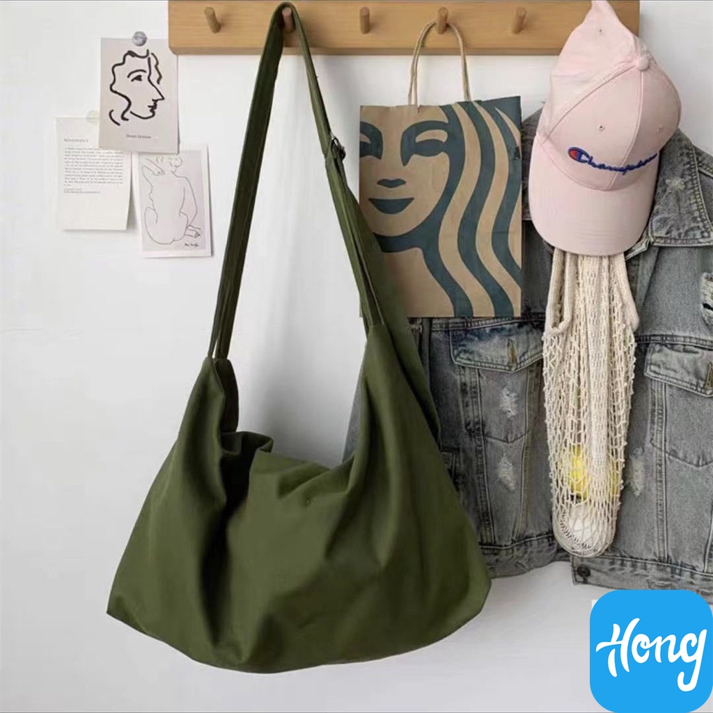 Túi vải canvas đeo vai sức chứa lớn phong cách Nhật Bản đơn giản xinh xắn cho nam và nữ