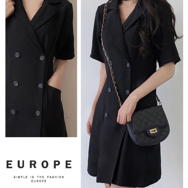 {Order,bigsize,M-4Xl}Váy cổ vest đen thanh lịch tay lỡ