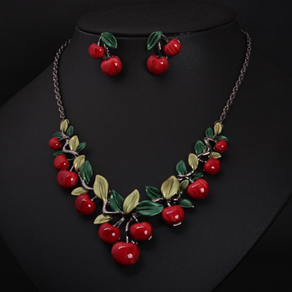 Red Cherry Necklace Earrings Set Jewelry Dinner Dress Bride Accessories