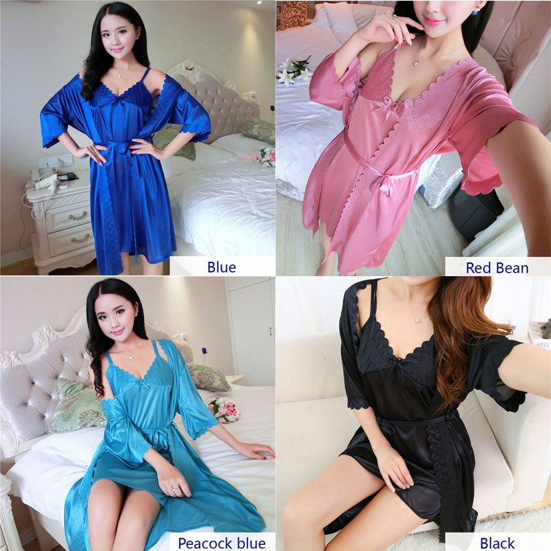 Set đầm ngủ hai dây và áo choàng ngủ lụa lạnh satin quyến rũ dành cho nữ