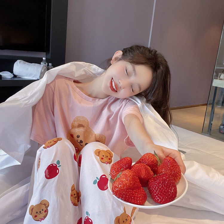 Bộ Đồ Ngủ Tay Ngắn Chất Liệu Cotton Cao Cấp In Họa Tiết Gấu Dễ Thương Thời Trang Mùa Hè 2022 Mới