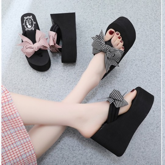 (SẴN HÀNG) Dép Nữ Đế Xuồng Cao 11cm/ Dép Kẹp Xỏ Ngón Nữ Đính Nơ Chống Trượt