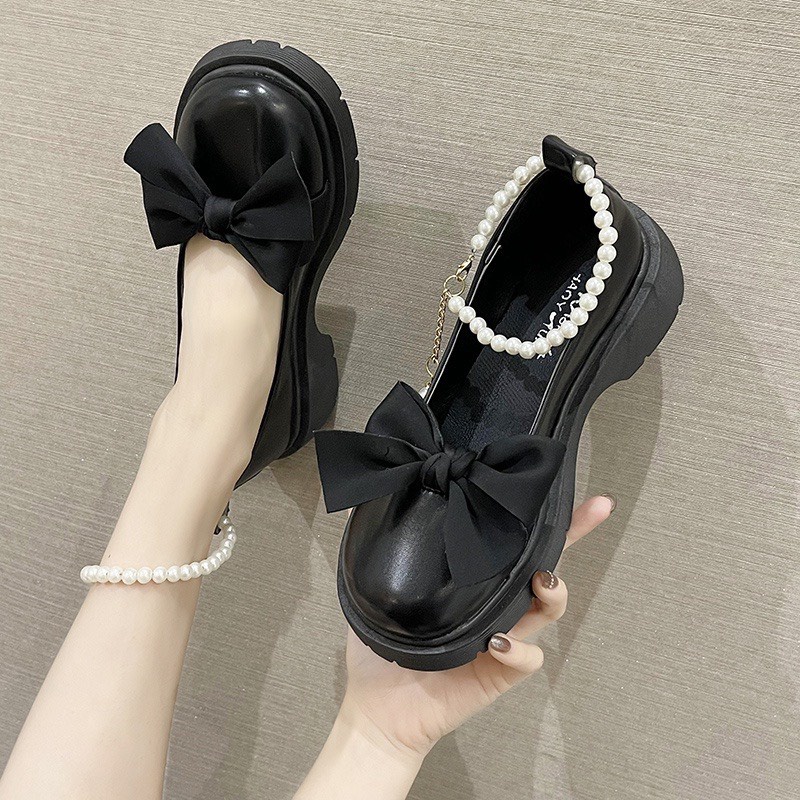 Giày Lolita Nữ Quai Ngọc Mũi Nơ Siêu Xinh Đế 5cm