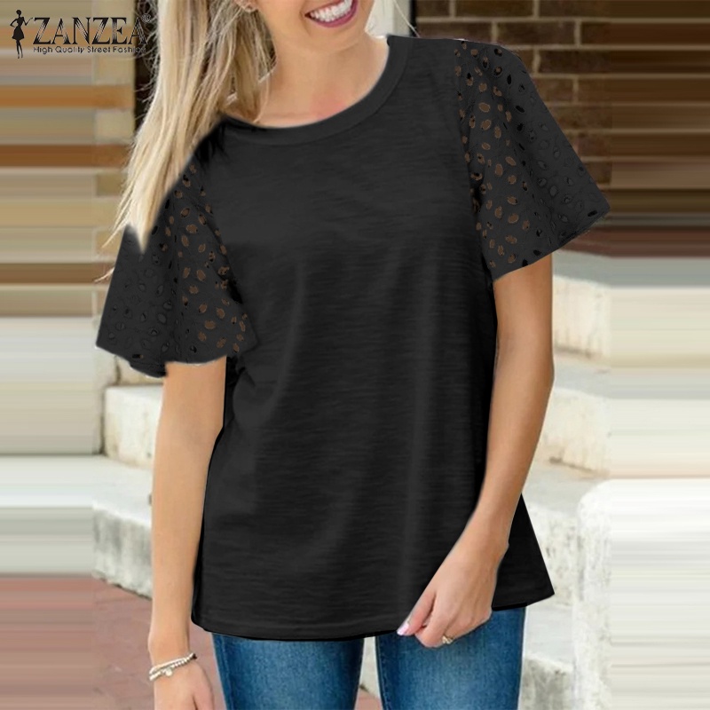 Áo thun dệt kim phối ren ZANZEA màu trơn dáng rộng thời trang đường phố châu Âu cho nữ