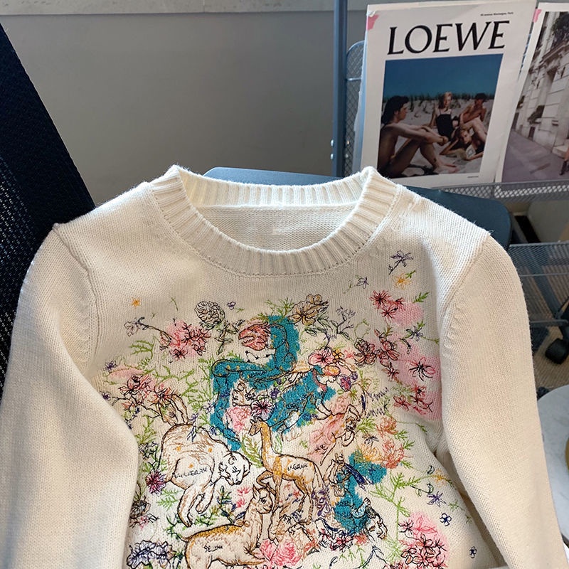 Áo Sweater Dệt Kim Tay Dài Cổ Tròn Thêu Họa Tiết Thời Trang Mùa Thu Cho Nữ