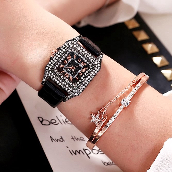 Đồng Hồ Thạch Anh Mặt Vuông Đính Đá Dây Da Dành Cho Nữ