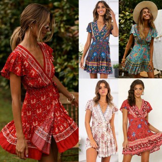 Đầm ngắn tay in hoa phong cách Boho thanh lịch dành cho nữ