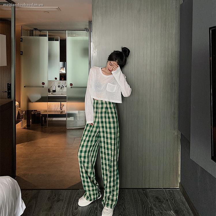 ﹉▨┅Summer Korean version of 2020 new high waist loose drape wide-leg trousers ins all-match plaid casual pants women’s trend