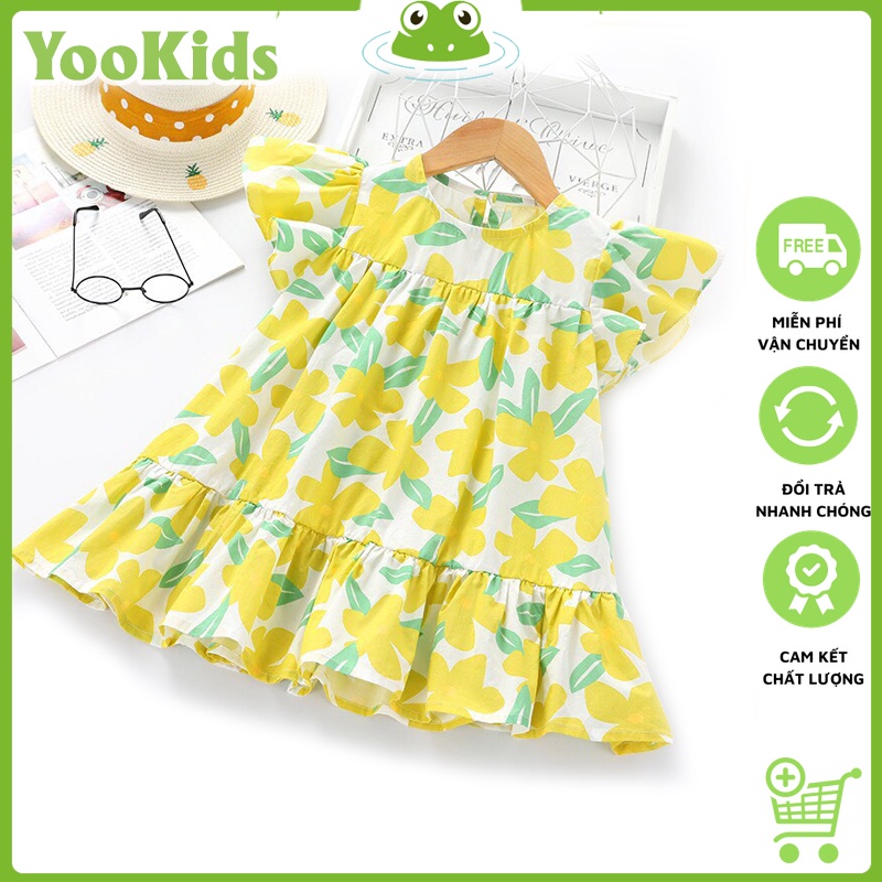 Váy Hè Cho Bé Gái, Váy Xòe Cho Bé Gái Chất Thô Lụa Siêu Mát Họa Tiết Hoa Lá 8 - 18kg YOOKIDS Size Từ 0 - 6 Tuổi