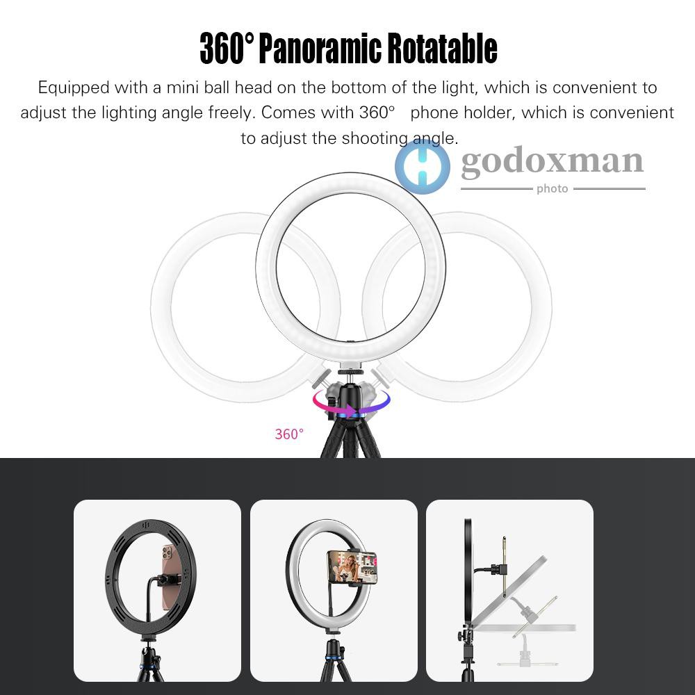 Godoxm Andoer APL-FL10JJ13Y 10 Inch Dimmable LED Selfie Ring Video Light 3000K-6500K LED Circle Light CRI 96 with Tabletop