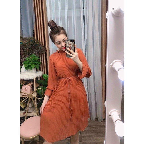 Đầm dập ly dáng suông tay dài cột eo siêu cưng -hình thật.