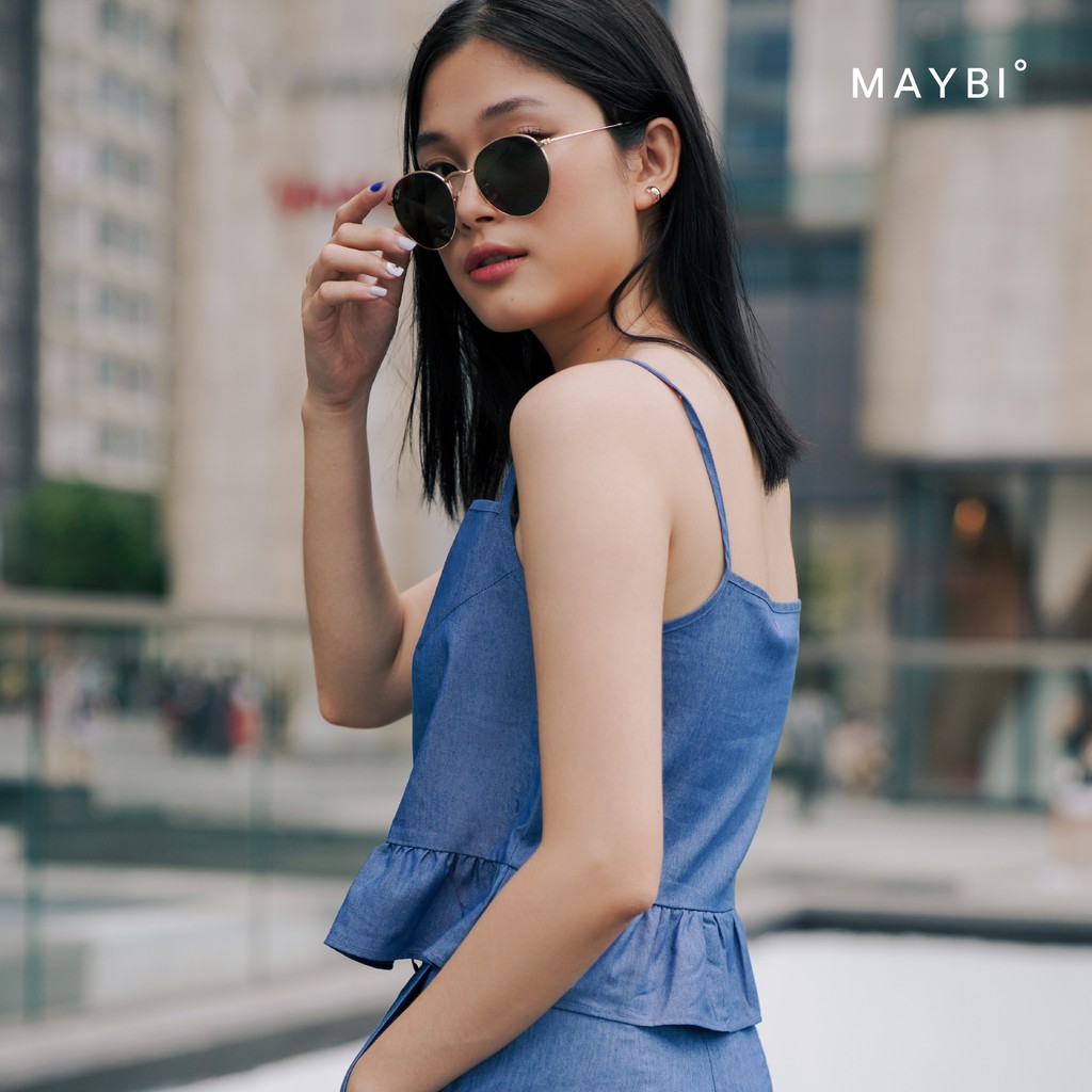 Áo 2 dây Maybi suông denim xanh dương nhạt phối bèo