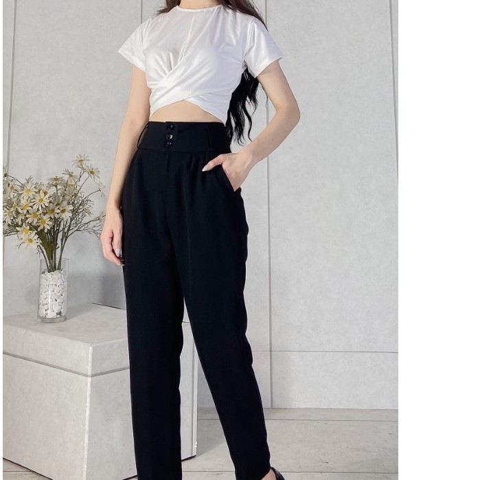 Quần tây nữ baggy công sở 3 cúc EMIX , cạp cao, túi chéo, có đai lưng, vải tuyết mưa mềm nhẹ, sơ vin lịch sự