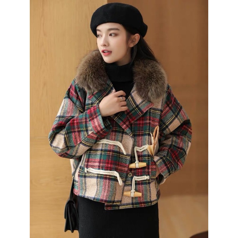 Áo khoác dạ kẻ cổ lông TQXK