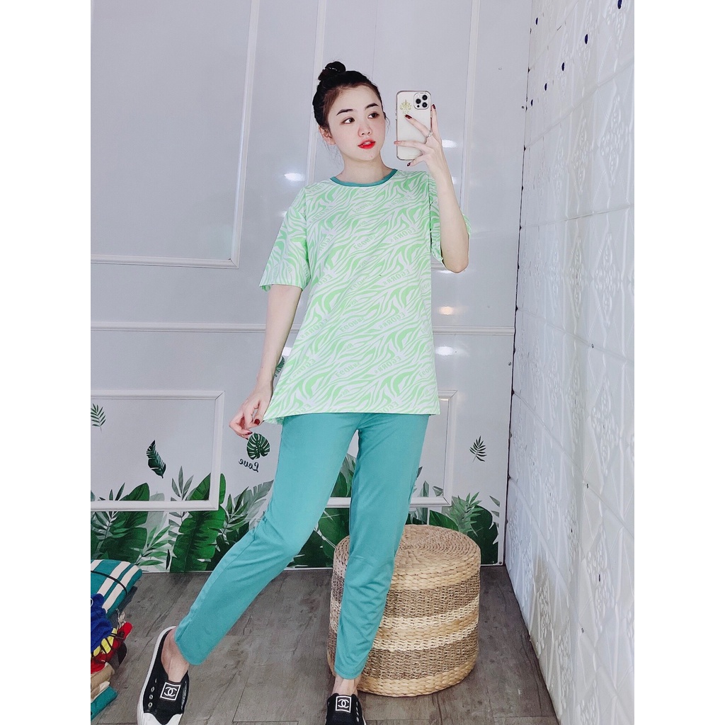 Đồ bộ nữ cotton quần dài phối màu loan, bộ mặc nhà mùa hè thoáng mát