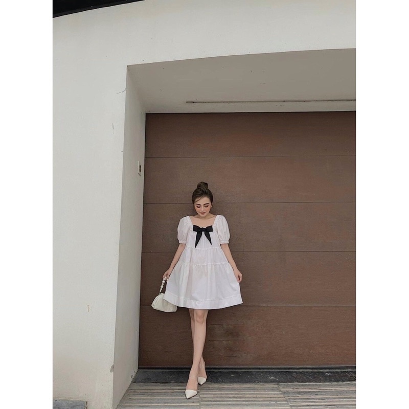 Váy Babydoll Màu Trắng Nơ Cổ Cực Xinh, Đầm Xoè Nữ Tiểu Thư Ngây Thơ