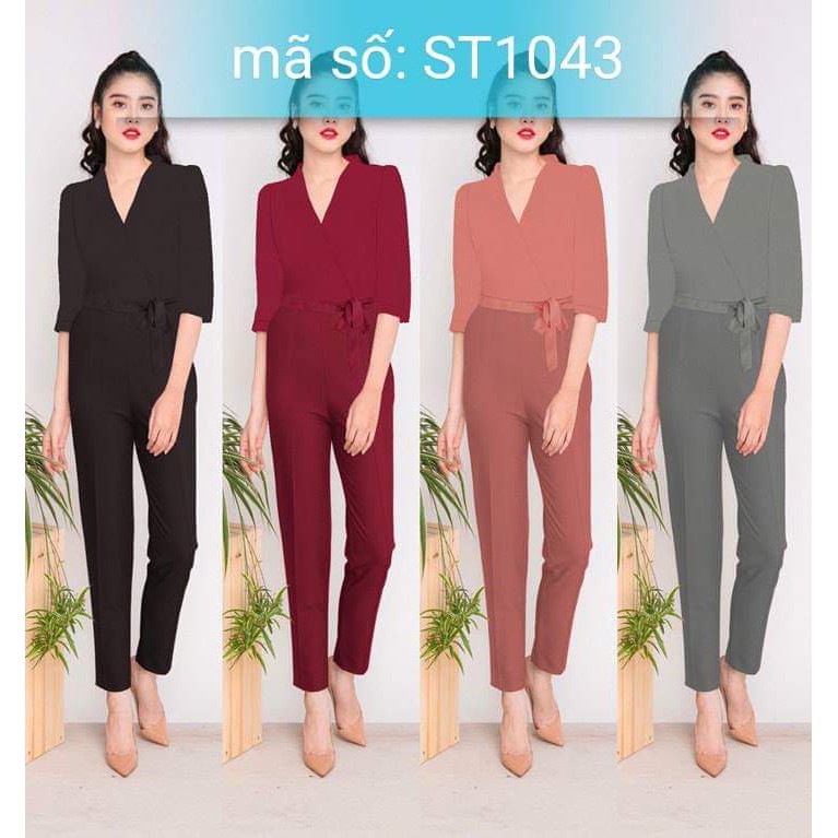 ST1043 Jumsuit đồ bay dài cổ V đắp chéo thắt nơ eo xinh xắn