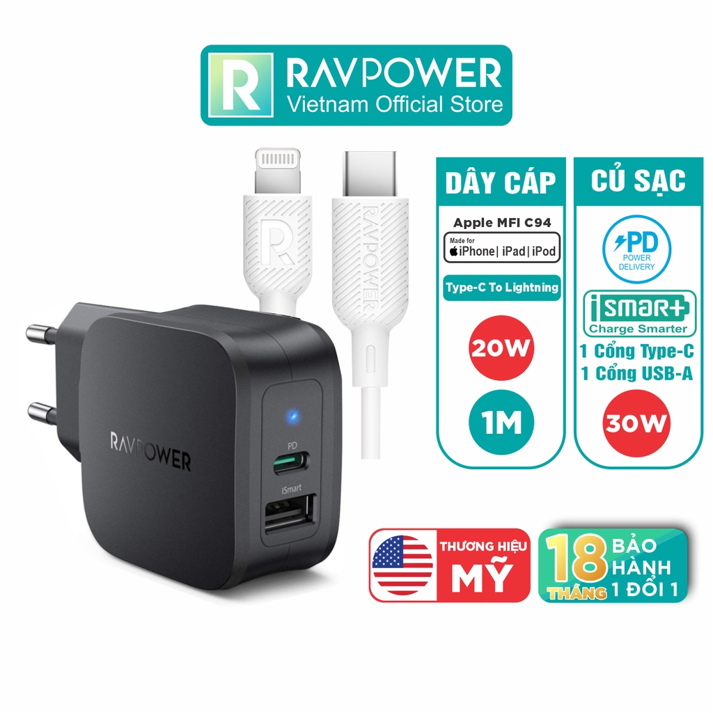 Combo Củ Sạc Nhanh PD 3.0 30W QC 3.0 18W RP-PC132 & Cáp USB Type C to Lightning MFI C94 20W RAVPower RP-CB054 - Hàng Chí