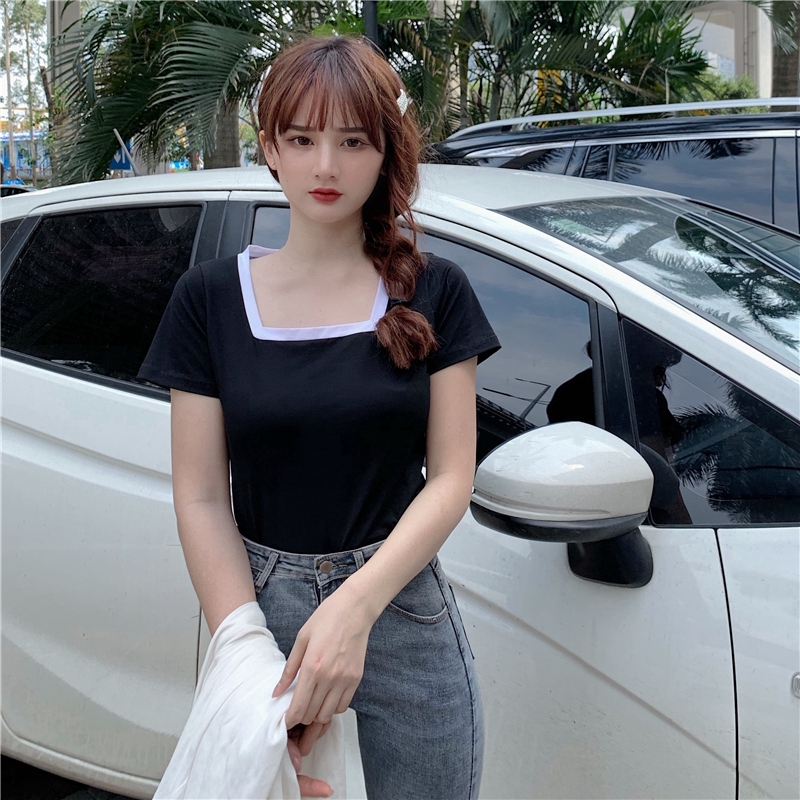 SUXI Áo Thun Tay Ngắn Cổ Vuông Màu Trơn Quyến Rũ Dành Cho Nữ