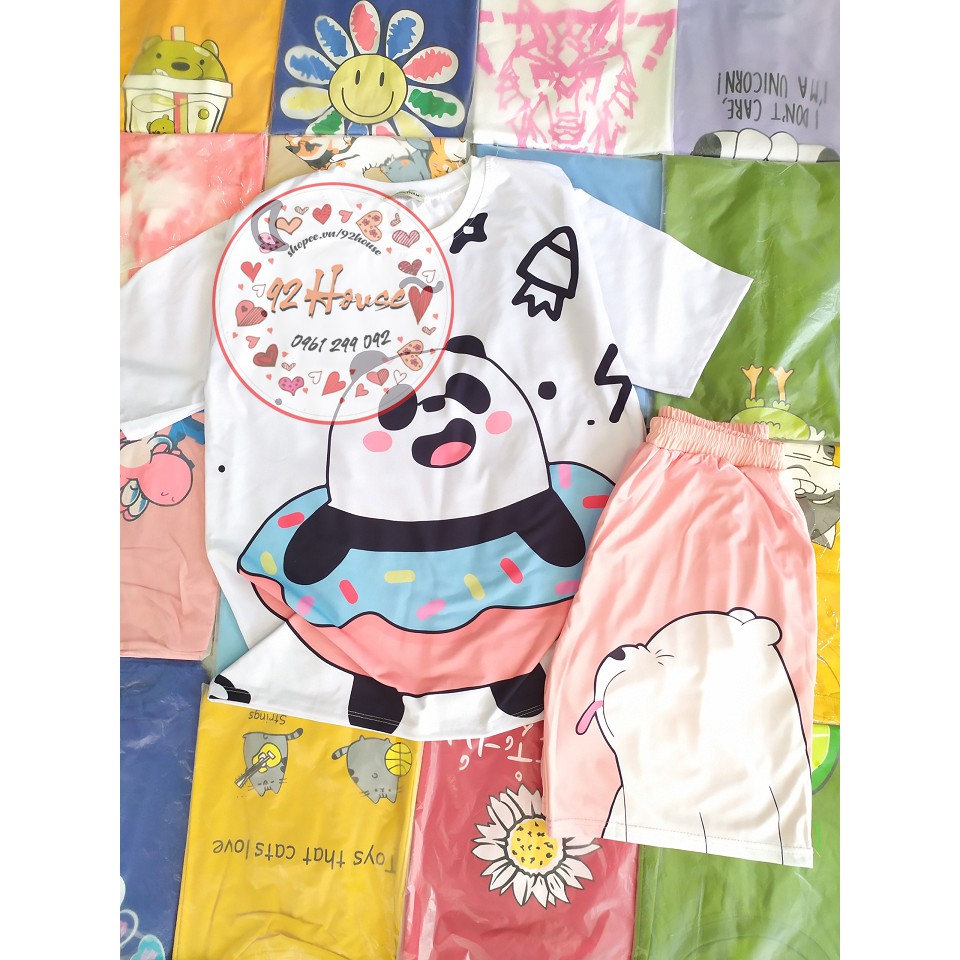 Áo thun tay lỡ unisex gấu trúc + Quần cartoon hình gấu freesize form rộng