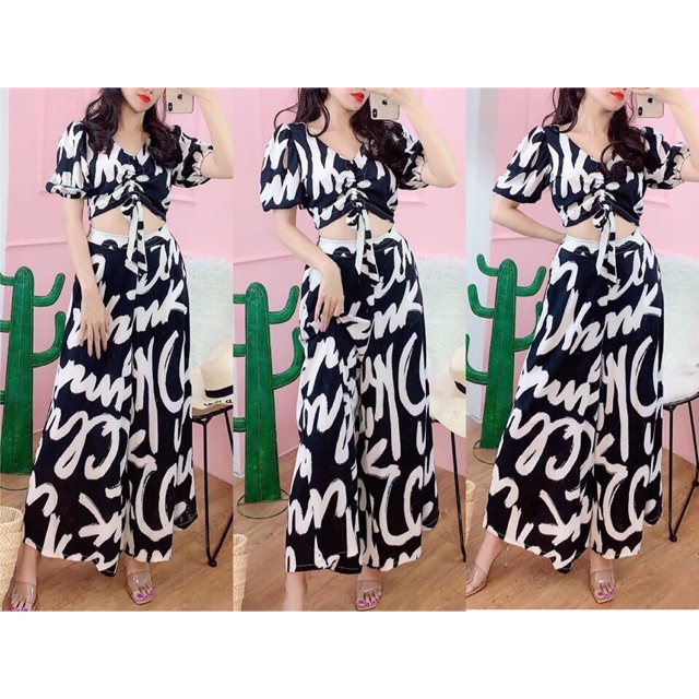 Set áo rút dây họa tiết chữ và quần ống rộng