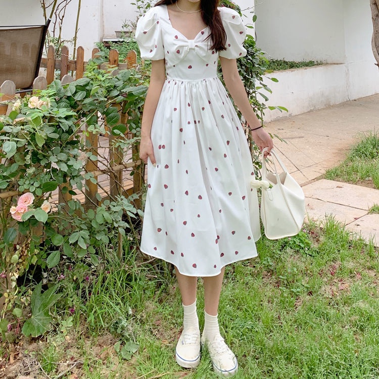 Đầm Chữ A Tay Ngắn Phồng Cổ Chữ V Ngọt Ngào Phong Cách Nhật Bản Thời Trang Mùa Hè Mới