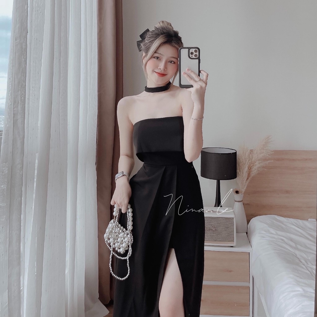 Set bộ đồ nữ xẻ tà cúp ngực bồng bềnh mix quần lót trong phối phụ kiện vòng cổ xinh xắn, sang chảnh dành cho các nàng