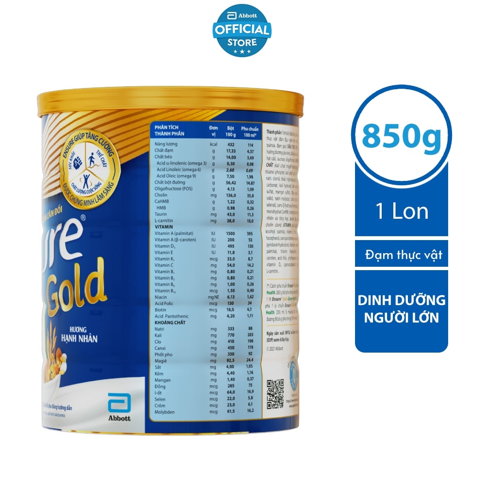 Sữa bột Ensure Gold Đạm thực vật hương hạnh nhân 850g/lon
