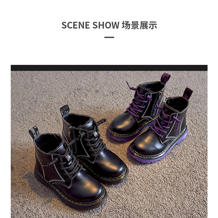 Boot trẻ em bé gái bé trai da mềm bóng đế êm nhẹ màu Đen size 27-37 cho bé 3-18 Tuổi Bốt thời trang phong cách 2022