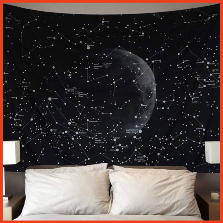 [Tặng kèm đèn nháy và móc treo] Tranh vải treo tường hình mặt trăng ngân hà decor phòng thêm nét mới lạ hấp dẫn
