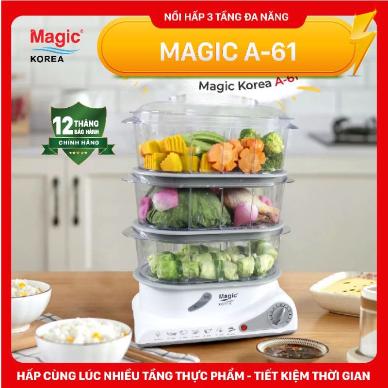 "SỐC: Nồi Hấp Thực Phẩm Magic Korea A61 Dung Tích 10.5 Lít- 3 Tầng Hấp Riêng Biệt Bảo Hành 12 Tháng Chính Hãng