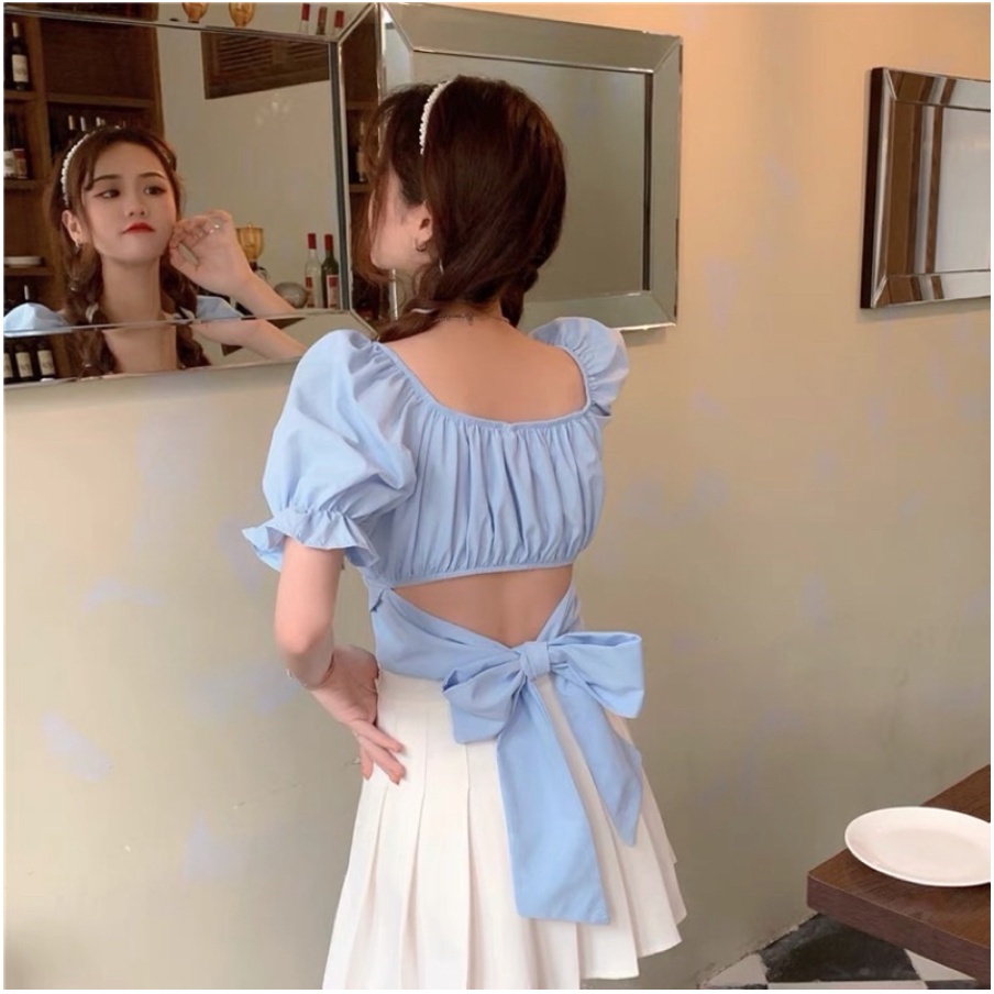 ÁO VOAN TAY NGẮN CỘT NƠ - áo croptop trễ vai nơ lưng - AK0042 | steven.factory