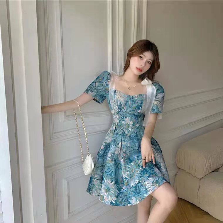 Đầm eo cao in họa tiết tranh sơn dầu phong cách đường phố mùa hè kiểu mới