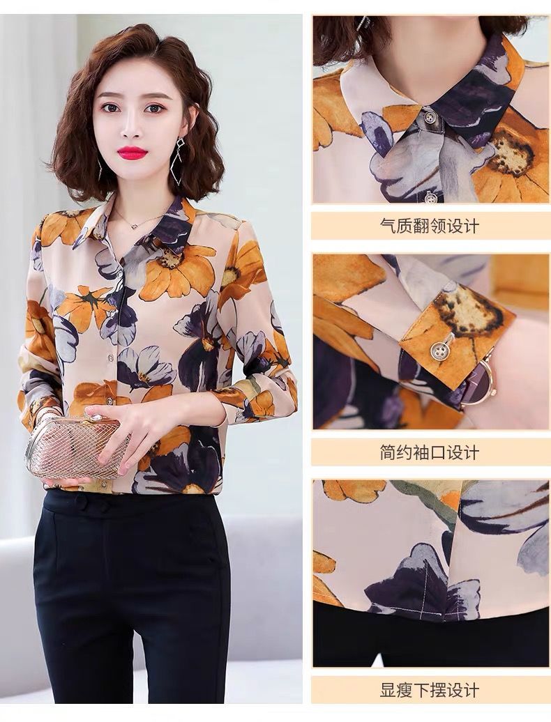 High-End Western Style Chiffon Blouse Women's Long-Sleeved Top2021Spring and Summer New Slimming Temperament Wild Bottoming Shirt for Women