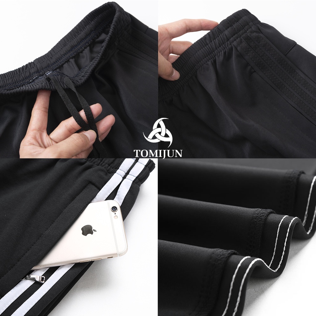 Quần jogger thể thao nỉ nam nữ TOMIJUN Siêu Rẻ dài 3 sọc, Vải poly cao cấp dày đẹp, co giãn tối đa