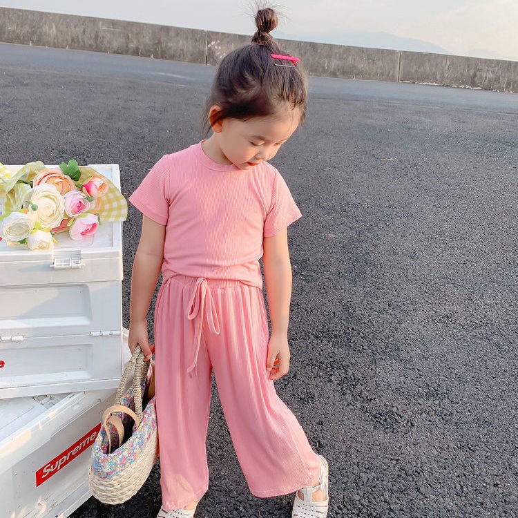 Áo Thun Tay Ngắn Và Quần Dài Kẻ Sọc Thời Trang Mùa Hè Cho Bé Gái