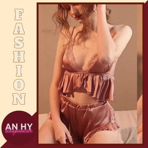 Set Ngủ Lụa 2 Dây Croptop Dễ Thương, Bộ Ngủ mặc nhà lụa cao cấp
