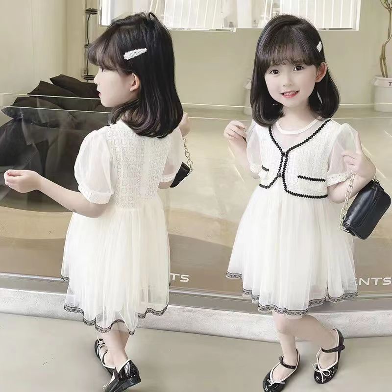 Đầm Công Chúa Tay Phồng Phối Lưới Màu Trắng Thời Trang Mùa Hè Phong Cách Hàn Quốc Cho Bé Gái