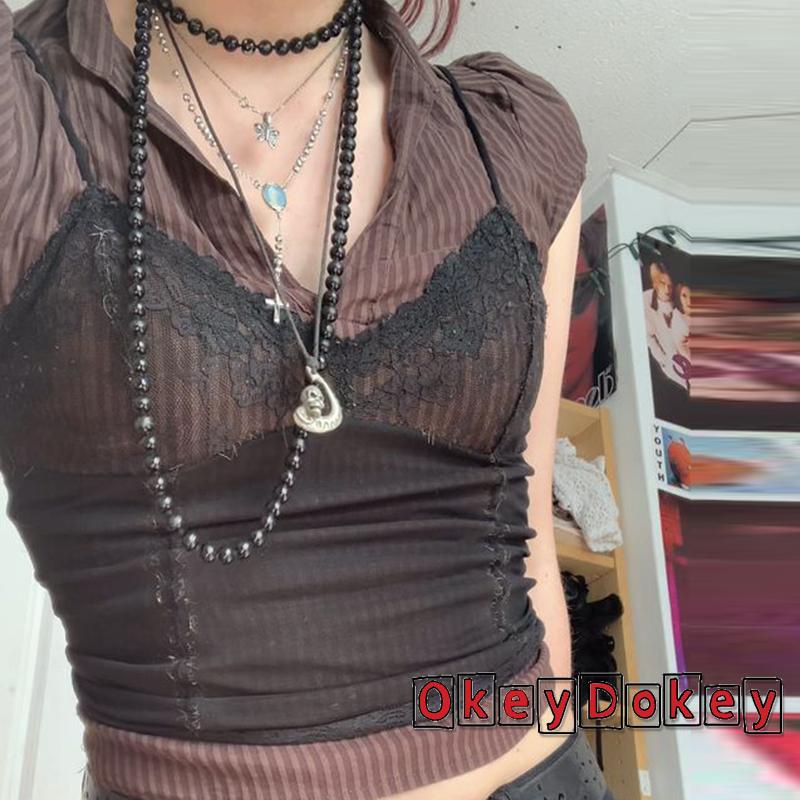 OKDK-Y2K Lace Sexy Mesh Lace Cami Summer Clothes Punk Spaghetti Strap Crop Top