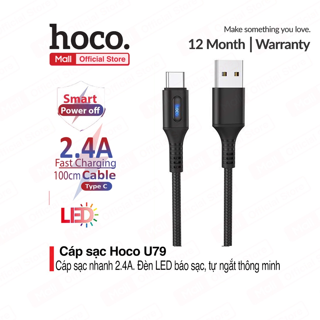 Cáp sạc nhanh và truyền dữ liệu Type C Hoco U79, hỗ trợ sạc nhanh 3A,tự ngắt sạc khi đầy pin, tích hợp đèn báo sạc