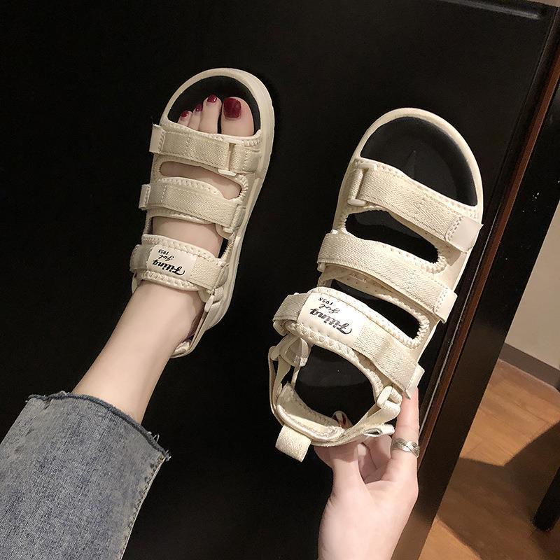 Giày sandal đế phẳng 3 quai khóa dán thời trang Hàn Quốc Hot 2021